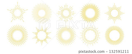 Gold sunburst frame set. Retro golden radial sun light border collection. Vintage royal sun beams or rays circle element pack for cadre, decor, label, badge, emblem. Vector yellow round boarder bundle Gold sunburst frame set. Retro golden radial sun light border collection. Vintage royal sun beams or rays circle element pack for cadre, decor, label, badge, emblem. Vector yellow round boarder bundle 132591211