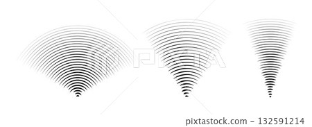 Linear sound wave signal set. Radial radio and music audio icon collection. Rippled radar vibration element sign bundle. Echo soundwave symbols. Black curved impulse linear pack. Vector 132591214