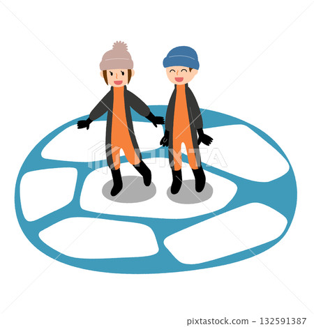 圖:一男一女身著特製服裝,在浮冰上漫步 圖:一男一女身著特製服裝,在浮冰上漫步 132591387