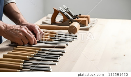 Carpenters hands selecting a chisel from a large set of woodworking tools on a workbench. Carpenters hands selecting a chisel from a large set of woodworking tools on a workbench. 132591450