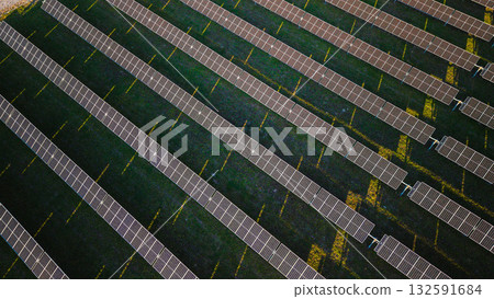 Aerial top view of solar power station with rows of photovoltaic panels on green field generating renewable energy at sunrise. 132591684