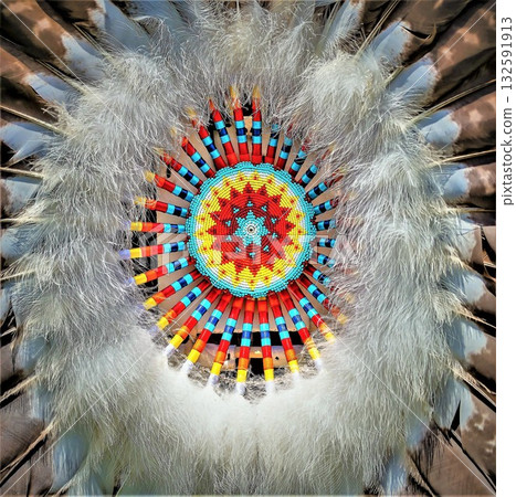 Vibrant Native American headdress with intricate beadwork 132591913