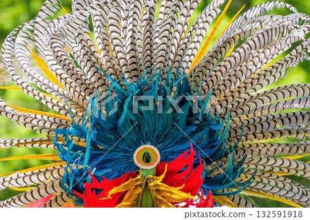 Vibrant feather headdress with intricate designs 132591918