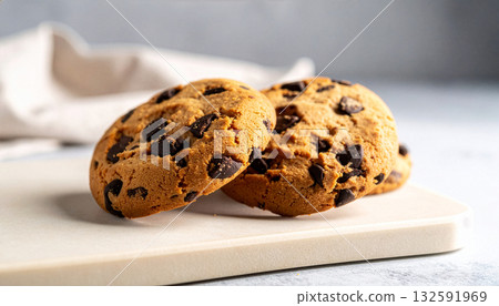 A close-up of two freshly baked chocolate chip cookies on a cutting board. 132591969