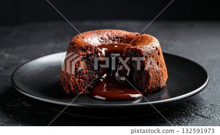 A dramatic close-up of a chocolate lava cake with melted chocolate flowing out, on a dark plate. 132591973