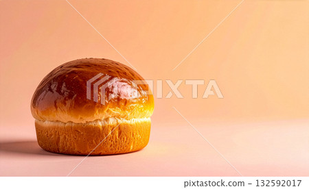 A single, golden-brown brioche bun on a minimal peach-colored background with copy space. 132592017