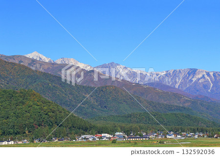 The Hakuba Sanzan mountains in autumn as seen from the foot of Mt. Hakuba The Hakuba Sanzan mountains in autumn as seen from the foot of Mt. Hakuba 132592036