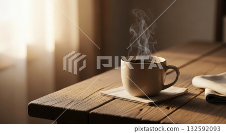 冬日清晨的溫暖－明媚的陽光和一杯熱氣騰騰的咖啡 132592093