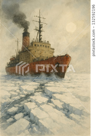 破冰船航行於極地冰海｜蒸汽船與冰原水彩畫 132592196