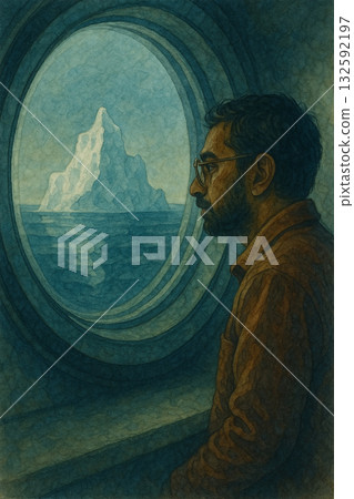 一個男孩凝視著冰山 | 船屋外的孤獨水彩畫 132592197