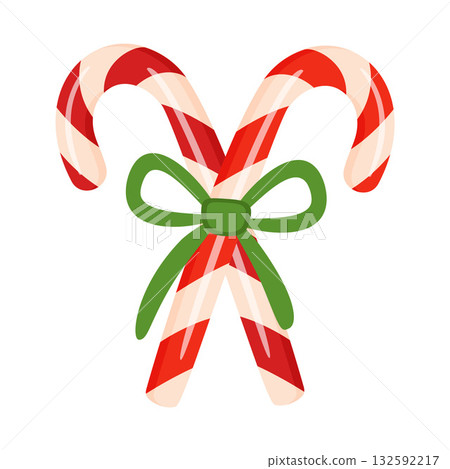 Red and white striped Christmas candy canes with green bow on stick. flat style isolated 132592217