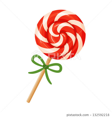 Red and white striped Christmas lollipop with green bow on stick. flat style isolated Red and white striped Christmas lollipop with green bow on stick. flat style isolated 132592218