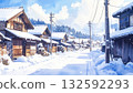 Watercolor painting of a rural town covered in snow 132592293