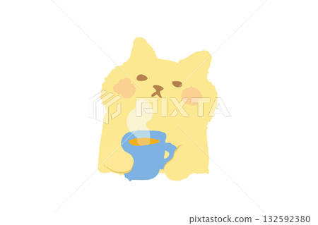Hand-drawn illustration of a cute cat drinking a hot drink 132592380