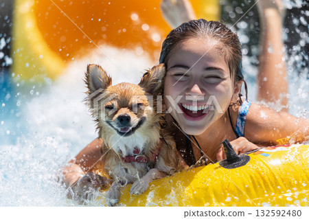 吉娃娃和女孩在水中玩耍 132592480