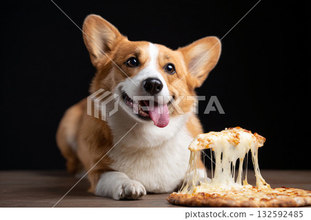 Smiling Corgi in front of a pizza 132592485