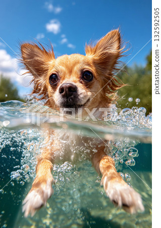 吉娃娃游泳時頭露出水面 吉娃娃游泳時頭露出水面 132592505