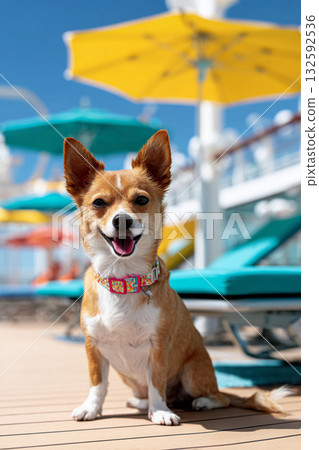 一隻小狗在遊輪甲板上享受夏日時光。 132592536