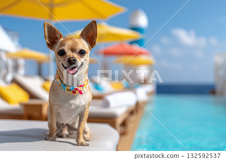 吉娃娃在泳池畔享受著度假村的氛圍。 132592537