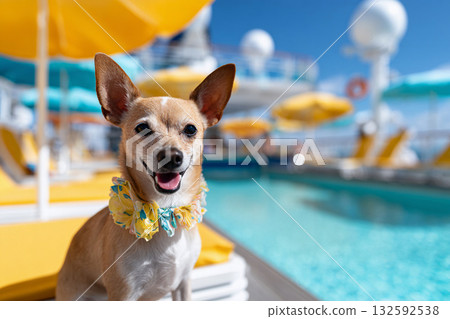 吉娃娃在泳池畔享受著度假村的氛圍。 132592538