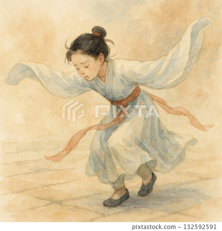 水彩畫：一位身著傳統服飾的少女翩翩起舞 | 筆觸柔和，色調輕盈優雅 132592591