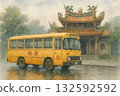 Rainy day street scene in Uzen with a retro school car stop 132592592