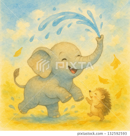 夏日午後，一隻小象和一顆敞開的心在水中嬉戲｜可愛的水彩畫 132592593