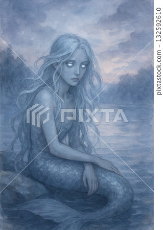 月光下的藍色美人魚 | 靜謐湖畔的奇幻水彩畫 132592610