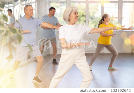 Portrait of active mature people enjoying modern energetic dancing in a group in studio 132592643
