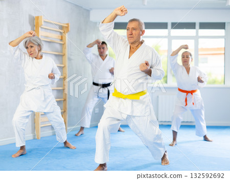 Senior students perform basic movements and repeat to hold pose, learning technique of kata 132592692