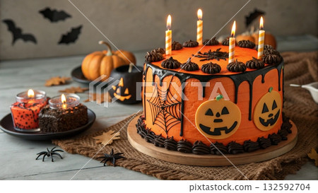 Halloween Cake with Pumpkins, Spider Web and Candles 132592704