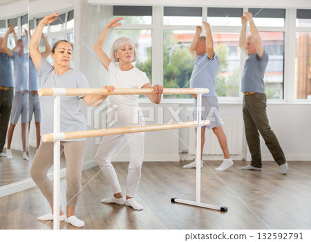 Two mature women practicing plie position during ballet classes Two mature women practicing plie position during ballet classes 132592791