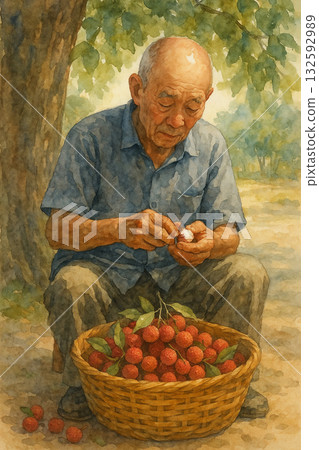 《夏日樹蔭下的老農與荔枝籃》——溫柔午後的鄉村寫實水彩 132592989