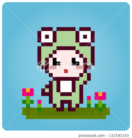 8 bit pixels Baby wearing a frog suit. Cute baby vector illustration 8 bit pixels Baby wearing a frog suit. Cute baby vector illustration 132593103