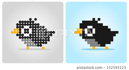 8 bit Pixel, black bird. Animal game assets in vector illustration for games asset and beads pattern 132593123