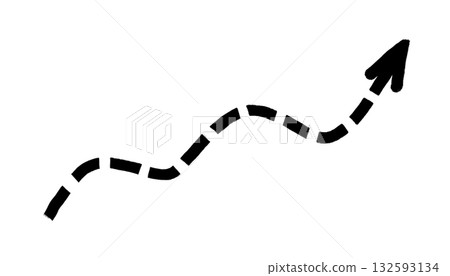 Black dashed curved arrow hand-drawn on transparent background. Wavy sketch arrow pointing up right, drawn with marker in doodle style, ideal for infographic design, highlights, or creative graphic 132593134