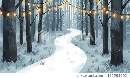 Snowy forest path with fairy lights 132593602