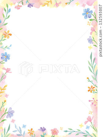 Hand-painted watercolor gentle flower and plant warm color frame - white background 132593807