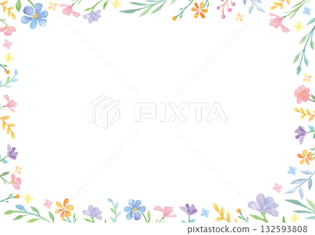 手繪水彩畫框，描繪了嬌嫩的花草－白色背景 132593808