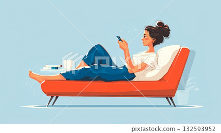躺在沙發上使用智能手機的女人 132593952