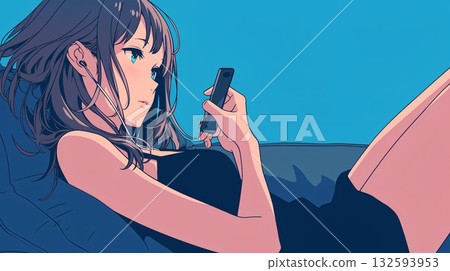 A woman lying on the sofa and using a smartphone A woman lying on the sofa and using a smartphone 132593953