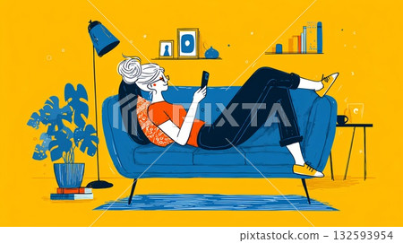 一個女人躺在沙發上使用智慧型手機 132593954