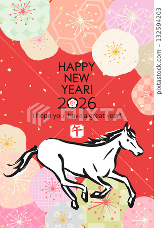2026年日本新年素材：各種日式梅花馬圖案 132594203
