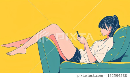 躺在沙發上使用智能手機的女人 132594288