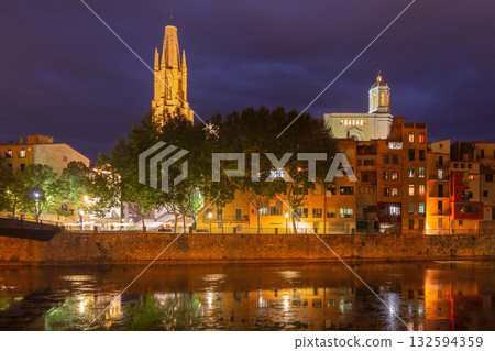 Cathedral of Girona and city view at night Spain Cathedral of Girona and city view at night Spain 132594359