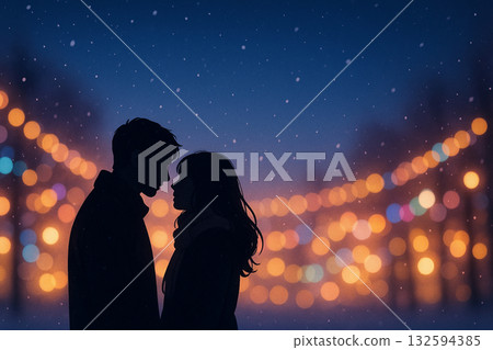 A couple embracing each other amid Christmas lights A couple embracing each other amid Christmas lights 132594385