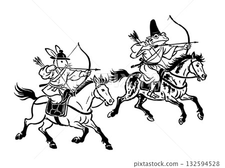 以長壽戲畫風格的流鏑馬、兔子和青蛙為主題的新年卡素材 132594528