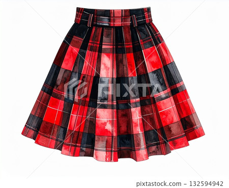 白色背景上的紅色和黑色格子褶皺迷你裙水彩插圖 132594942