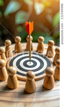 Target with Darts in the Center Surrounded by Wooden Figures 132594996