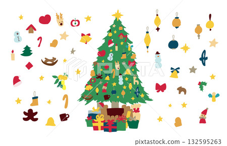Christmas tree illustration. Set of December trees and ornaments. Santa and reindeer decorations. 132595263